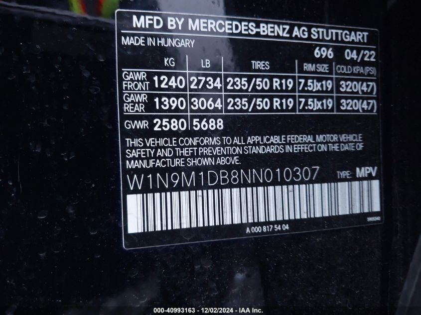 VIN W1N9M1DB8NN010307 2022 Mercedes-Benz Eqb 350 Su... no.9