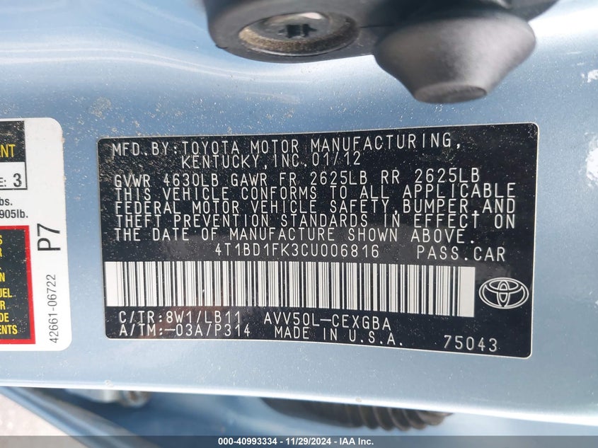 2012 TOYOTA CAMRY VIN: 4T1BD1FK3CU006816
