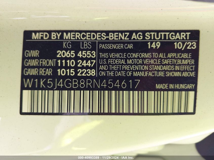 VIN W1K5J4GB8RN454617 2024 Mercedes-Benz Cla 250 Coupe no.9