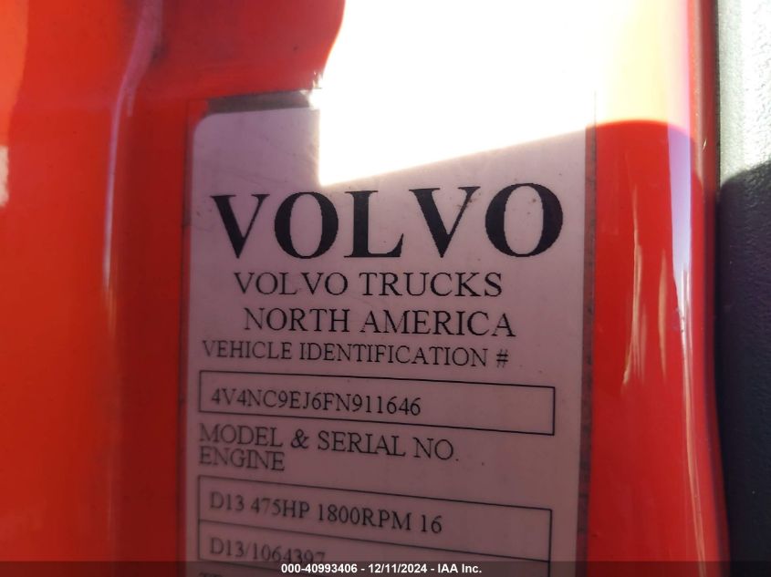 2015 Volvo Vn Vnl VIN: 4V4NC9EJ6FN911646 Lot: 40993406