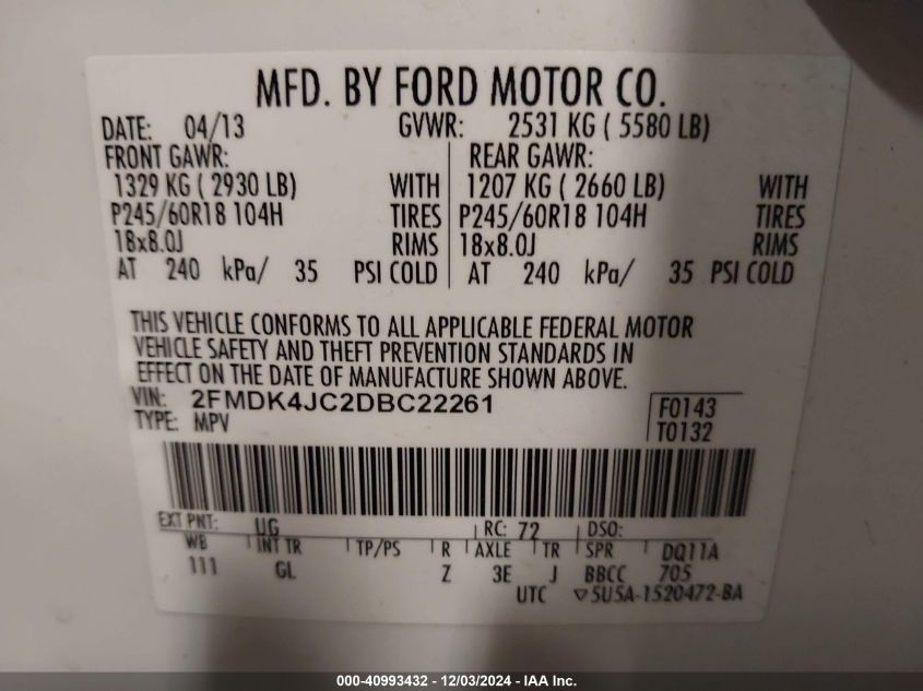 VIN 2FMDK4JC2DBC22261 2013 FORD EDGE no.9