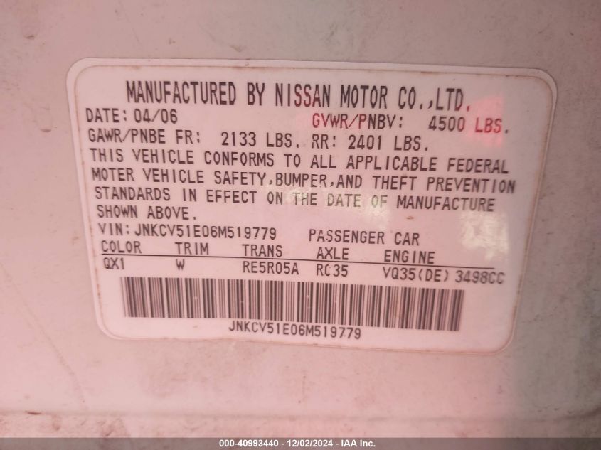 2006 Infiniti G35 VIN: JNKCV51E06M519779 Lot: 40993440