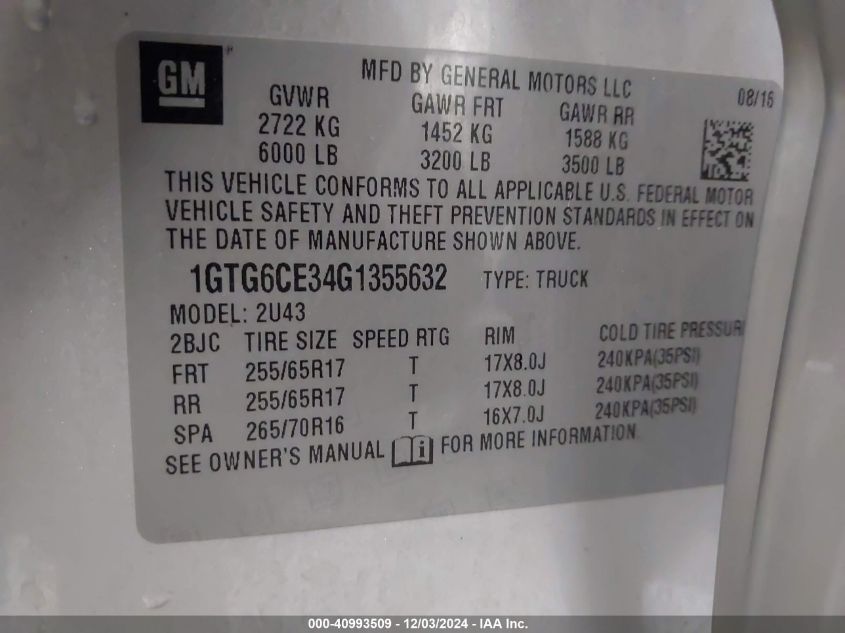 VIN 1GTG6CE34G1355632 2016 GMC Canyon, Sle no.9