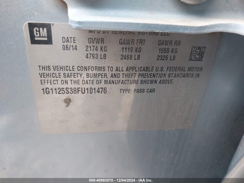 2015 CHEVROLET IMPALA VIN: 1G1125S38FU101476