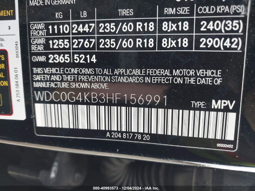 2017 Mercedes-Benz Glc 300 4Matic VIN: WDC0G4KB3HF156991 Lot: 40993573