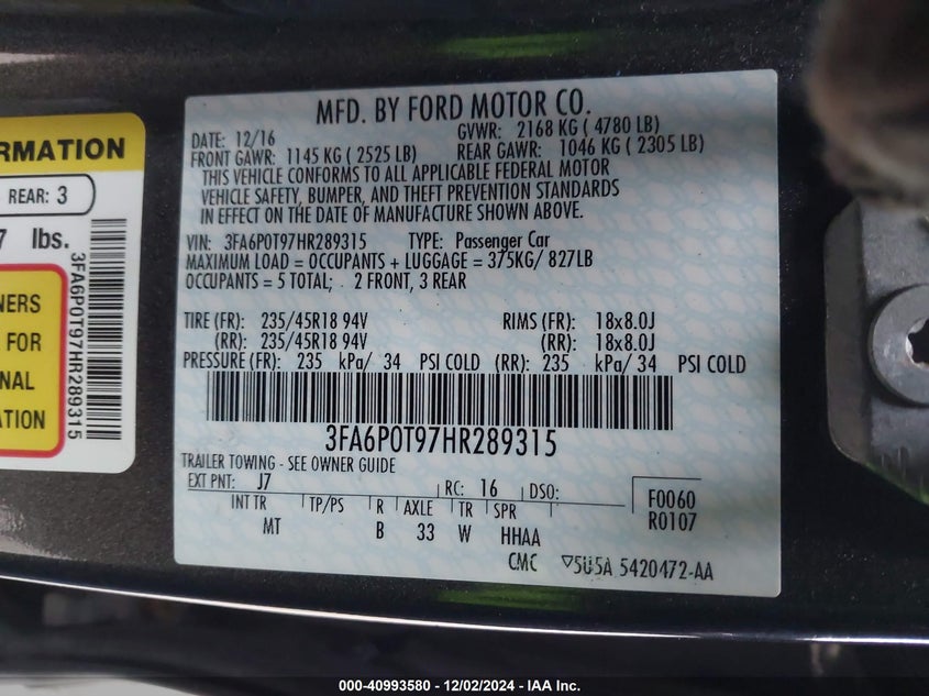 VIN 3FA6P0T97HR289315 2017 FORD FUSION SE