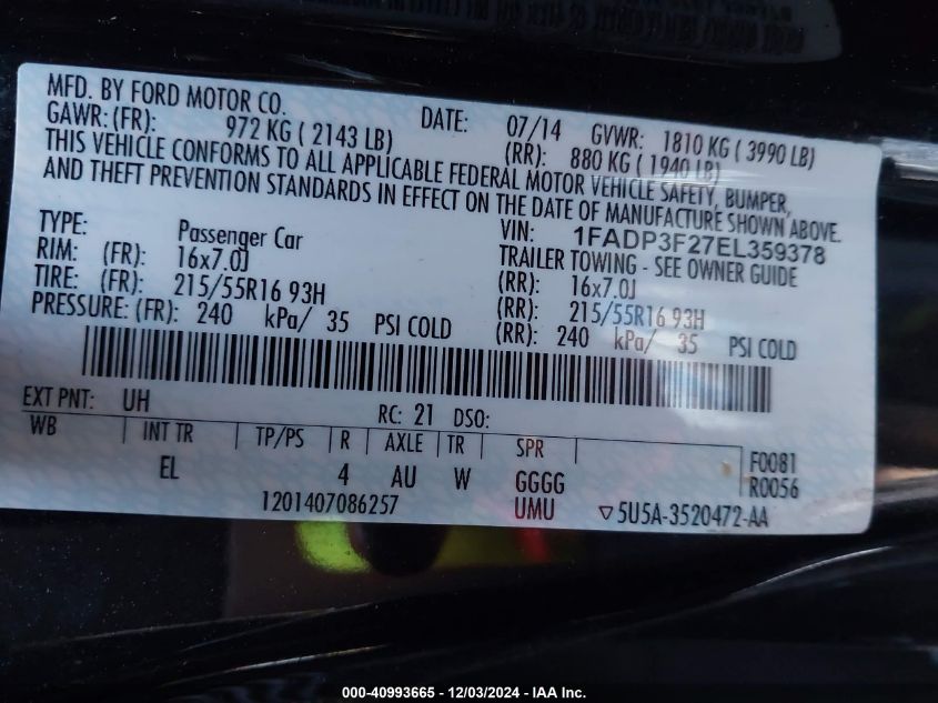 2014 FORD FOCUS SE - 1FADP3F27EL359378