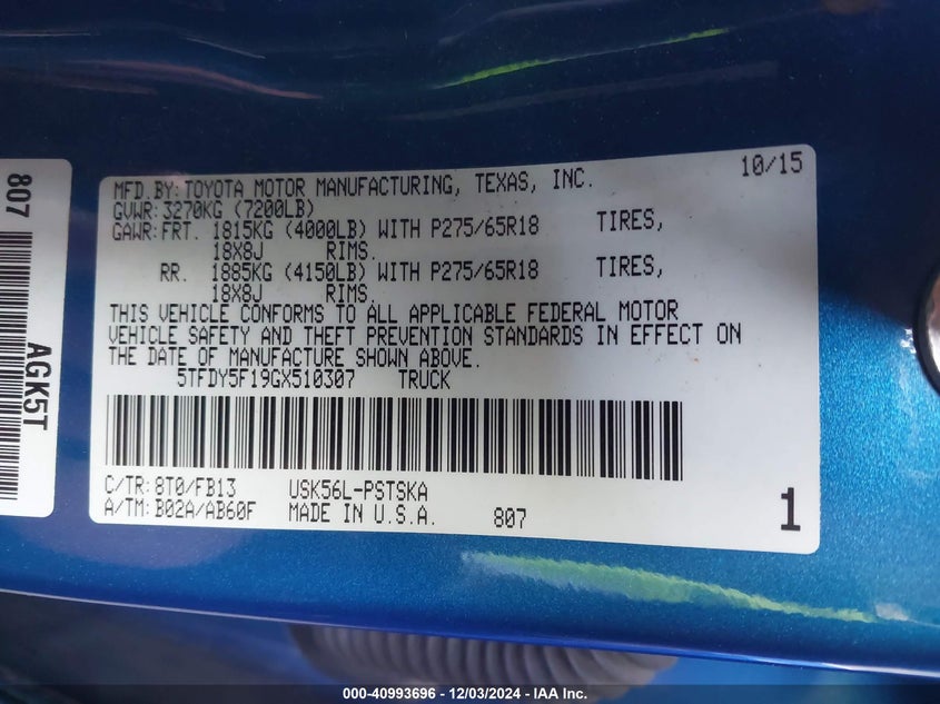 2016 TOYOTA TUNDRA VIN: 5TFDY5F19GX510307