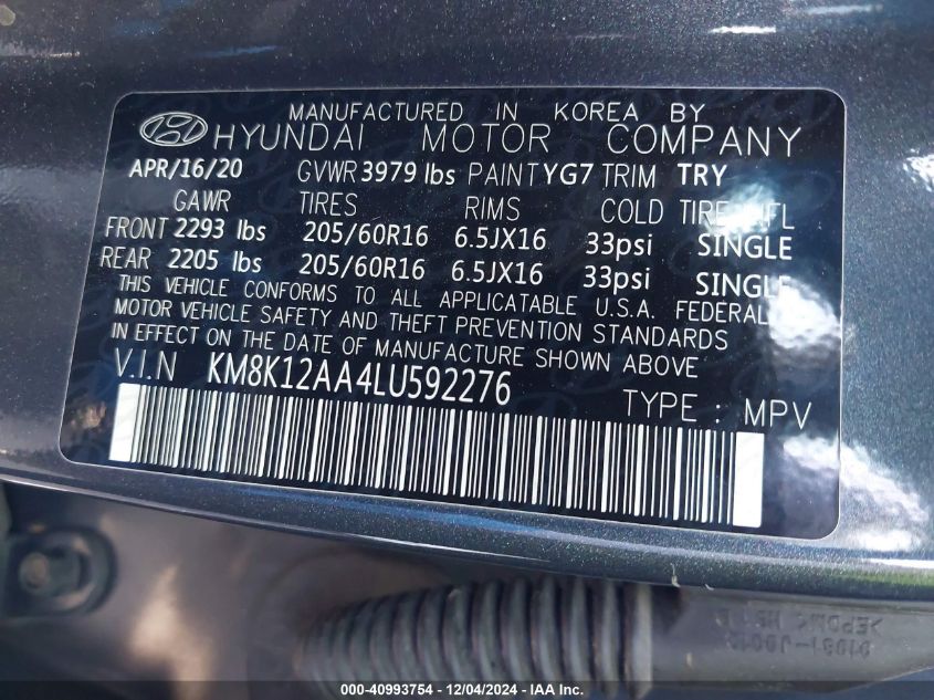 VIN KM8K12AA4LU592276 2020 Hyundai Kona, SE no.9