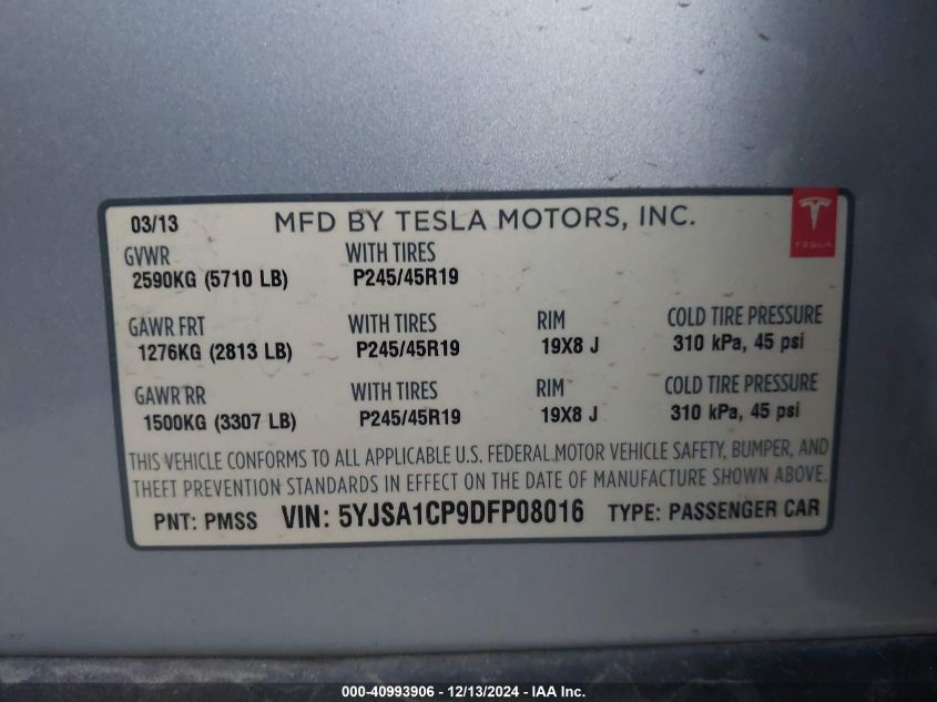 2013 Tesla Model S Performance VIN: 5YJSA1CP9DFP08016 Lot: 40993906