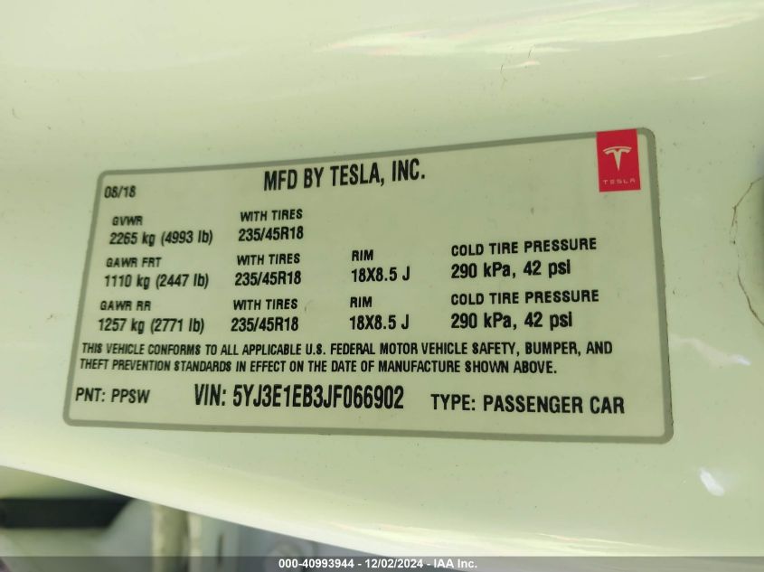 2018 TESLA MODEL 3 LONG RANGE/PERFORMANCE - 5YJ3E1EB3JF066902