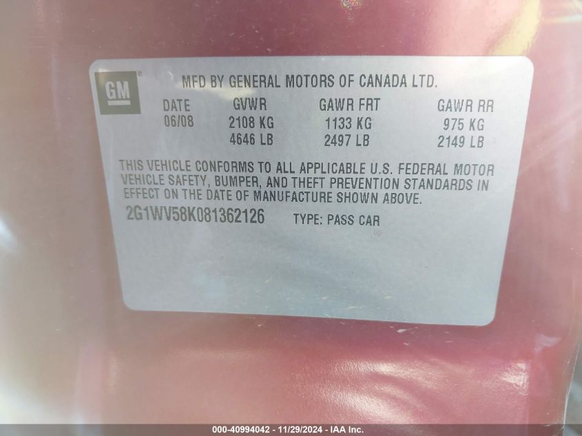2008 Chevrolet Impala VIN: 2G1WU58K081362162 Lot: 40994042
