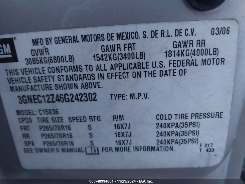 2006 Chevrolet Avalanche 1500 Ls VIN: 3GNEC12Z46G242302 Lot: 40994061