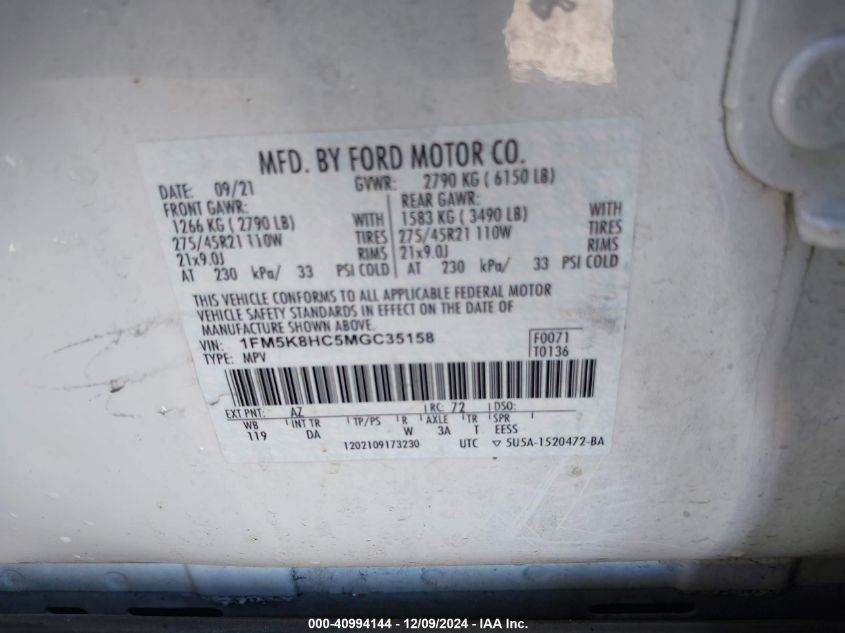 2021 Ford Explorer Platinum VIN: 1FM5K8HC5MGC35158 Lot: 40994144