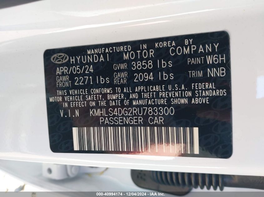 2024 Hyundai Elantra Sel VIN: KMHLS4DG2RU783300 Lot: 40994174