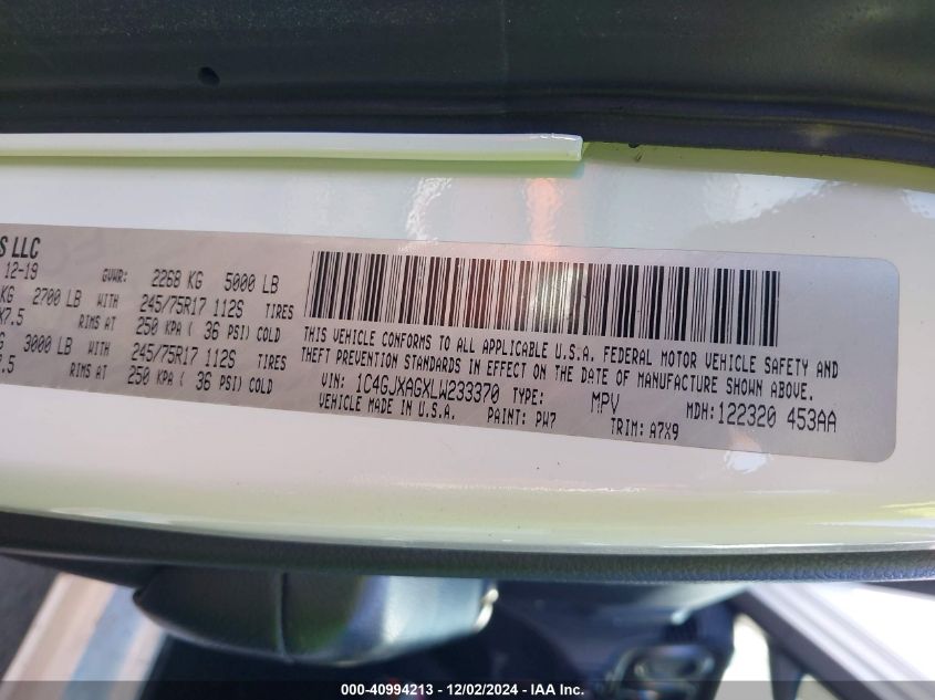 2020 Jeep Wrangler Sport S 4X4 VIN: 1C4GJXAGXLW233370 Lot: 40994213