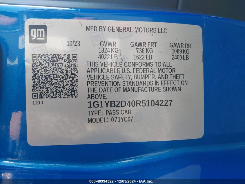 VIN 1G1YB2D40R5104227 2024 CHEVROLET CORVETTE STINGRAY no.9