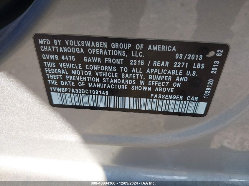 VIN 1VWBP7A32DC109146 2013 Volkswagen Passat, 2.5L Se no.9