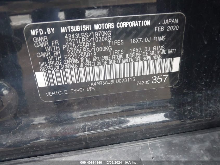 VIN JA4AR3AU6LU028115 2020 Mitsubishi Outlander, Sp... no.9