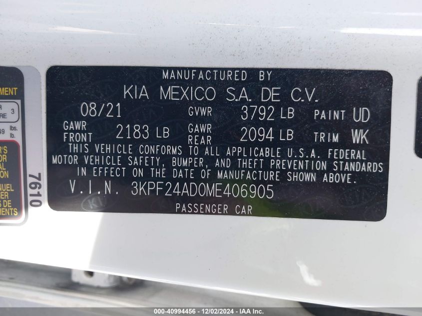 VIN 3KPF24AD0ME406905 2021 KIA Forte, Lxs no.9