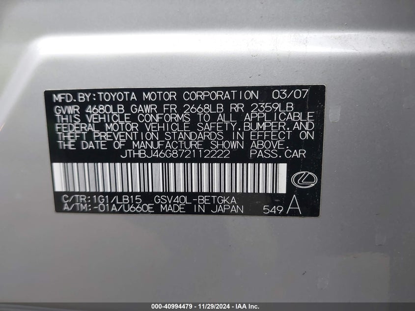 2007 LEXUS ES 350 VIN: JTHBJ46G872112222