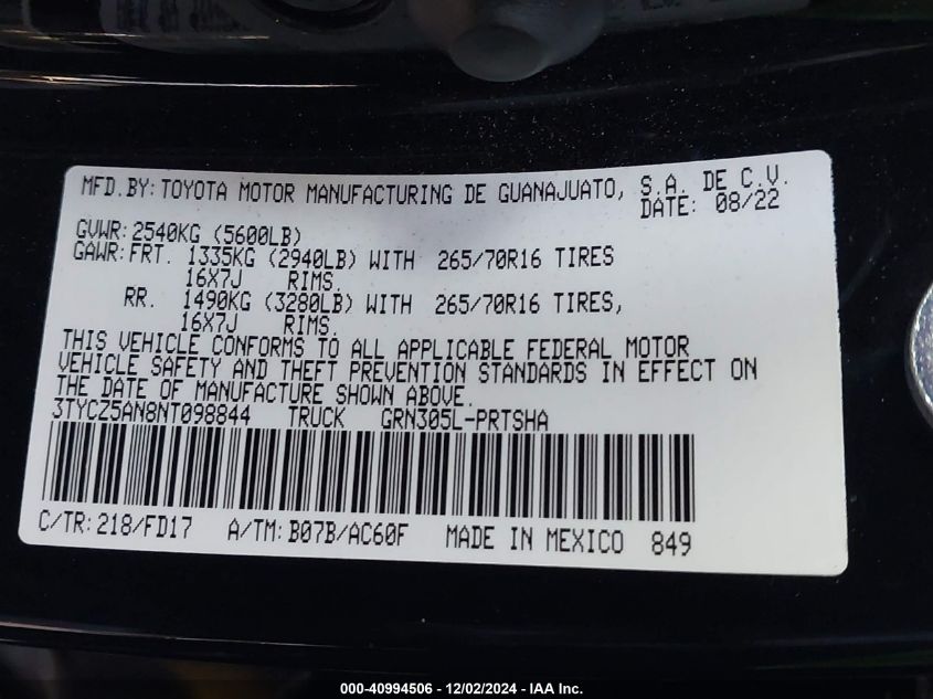 VIN 3TYCZ5AN8NT098844 2022 Toyota Tacoma, Trd Off Road no.9