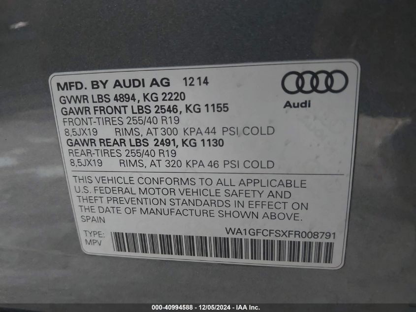 VIN WA1GFCFSXFR008791 2015 Audi Q3, 2.0T Premium Plus no.9