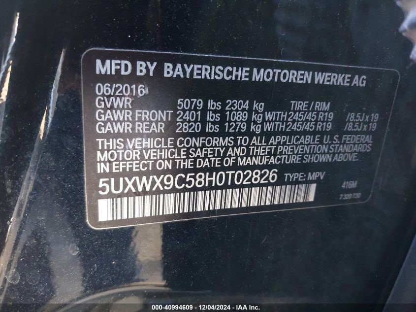 VIN 5UXWX9C58H0T02826 2017 BMW X3 no.9