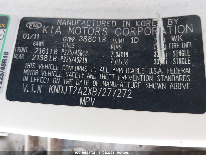 2011 KIA SOUL VIN: KNDJT2A2XB7277272