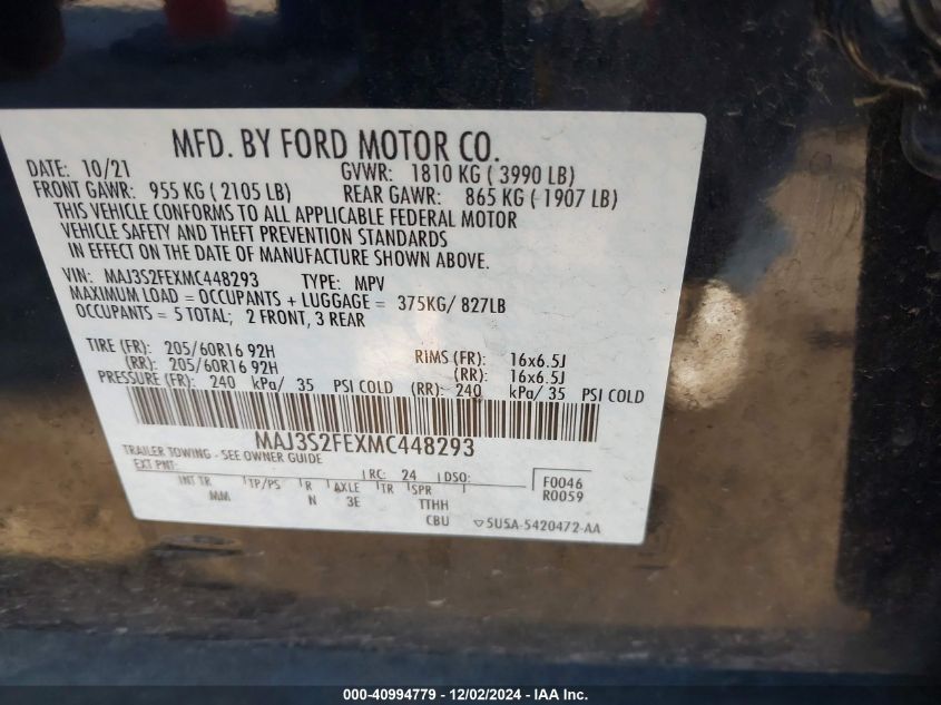 2021 Ford Ecosport S VIN: MAJ3S2FEXMC448293 Lot: 40994779