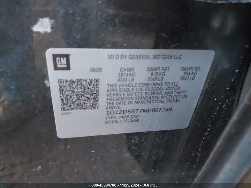 2021 CHEVROLET MALIBU VIN: 1G1ZD5ST7MF007748
