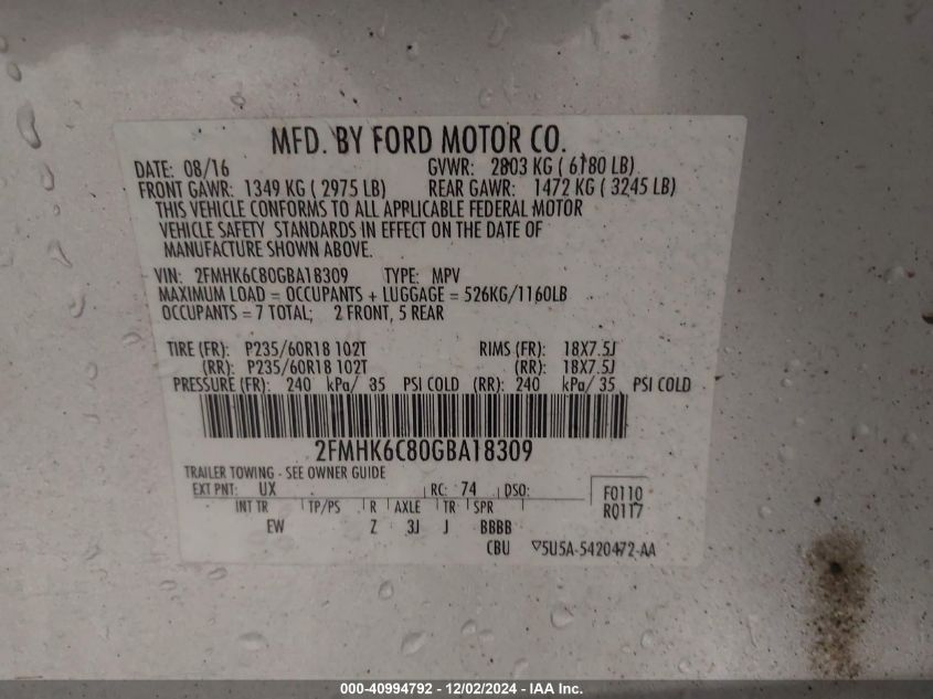 VIN 2FMHK6C80GBA18309 2016 Ford Flex, Sel no.9