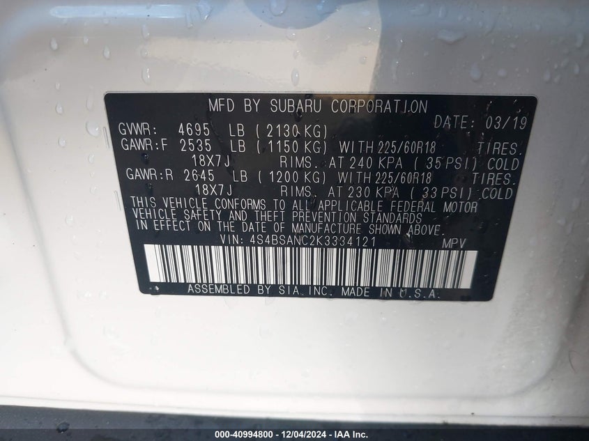 2019 SUBARU OUTBACK 2.5I LIMITED - 4S4BSANC2K3334121