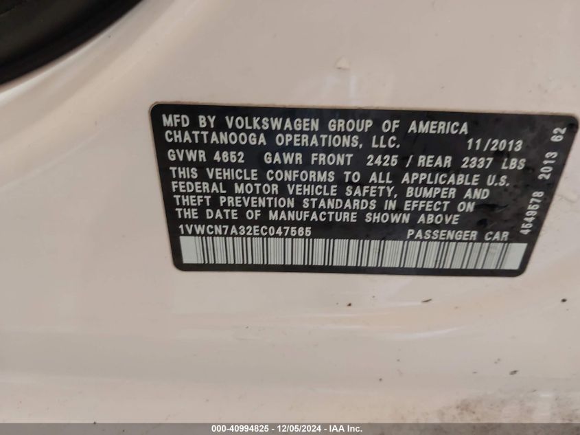 VIN 1VWCN7A32EC047565 2014 Volkswagen Passat, 2.0L... no.9