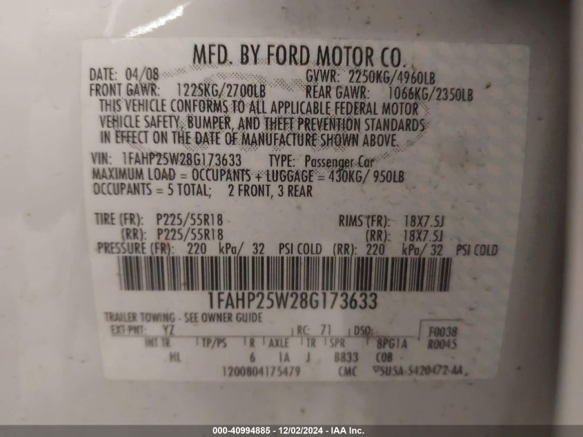 2008 FORD TAURUS VIN: 1FAHP25W28G173633