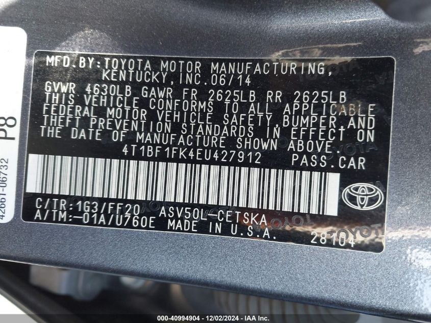 2014 Toyota Camry Se Sport VIN: 4T1BF1FK4EU427912 Lot: 40994904