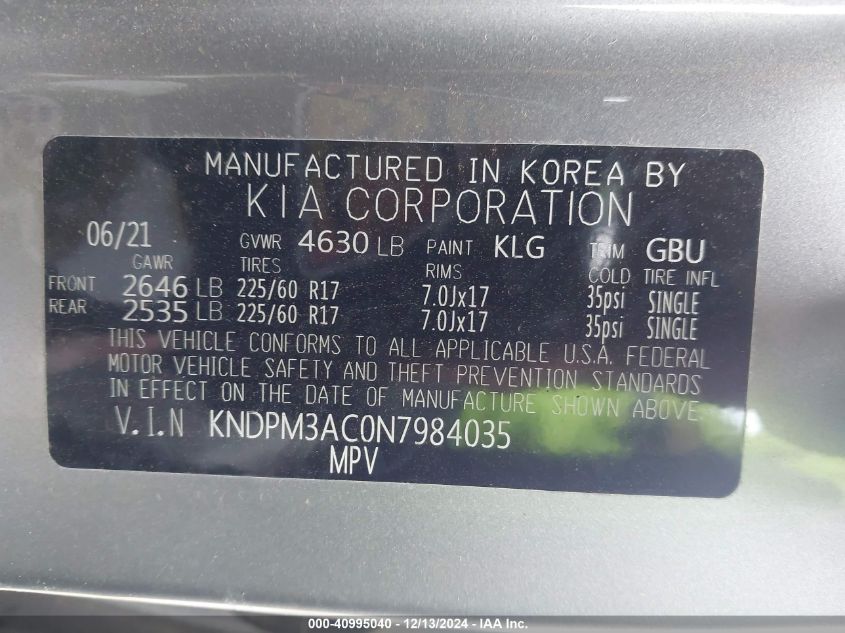 2022 Kia Sportage Lx VIN: KNDPM3AC0N7984035 Lot: 40995040