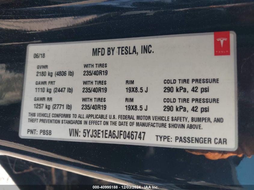 VIN 5YJ3E1EA6JF046747 2018 Tesla Model 3, Long Rang... no.9