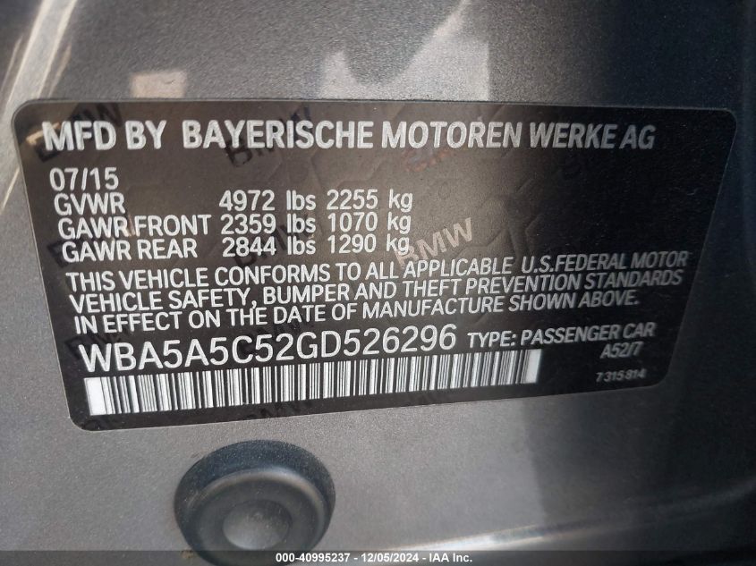 VIN WBA5A5C52GD526296 2016 BMW 5 Series, 528I no.9