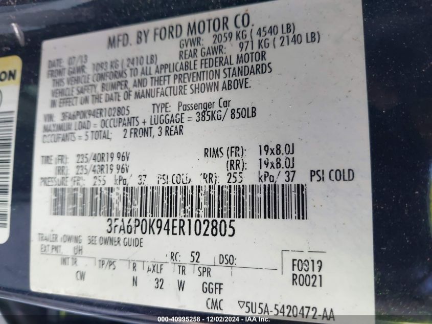 VIN 3FA6P0K94ER102805 2014 FORD FUSION no.9