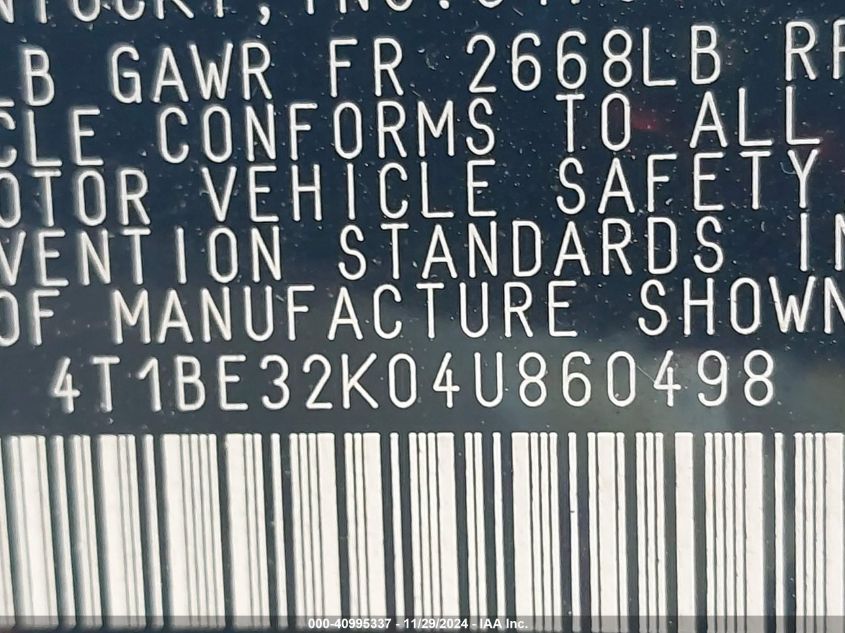 2004 Toyota Camry Xle VIN: 4T1BE32K04U860498 Lot: 40995337