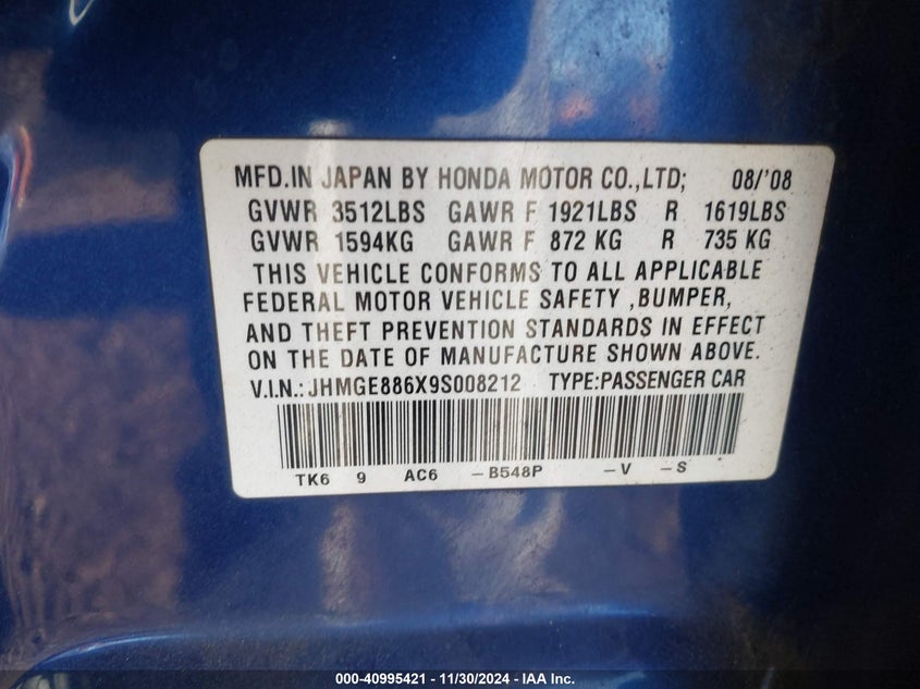 2009 HONDA FIT VIN: JHMGE886X9S008212