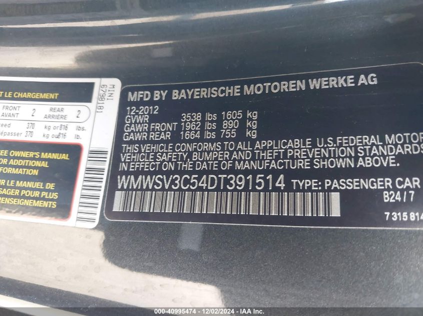 2013 MINI COOPER VIN: WMWSV3C54DT391514