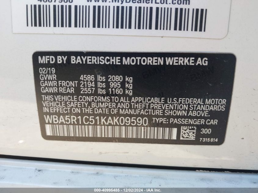 2019 BMW 330I VIN: WBA5R1C51KAK0959 Lot: 40995485
