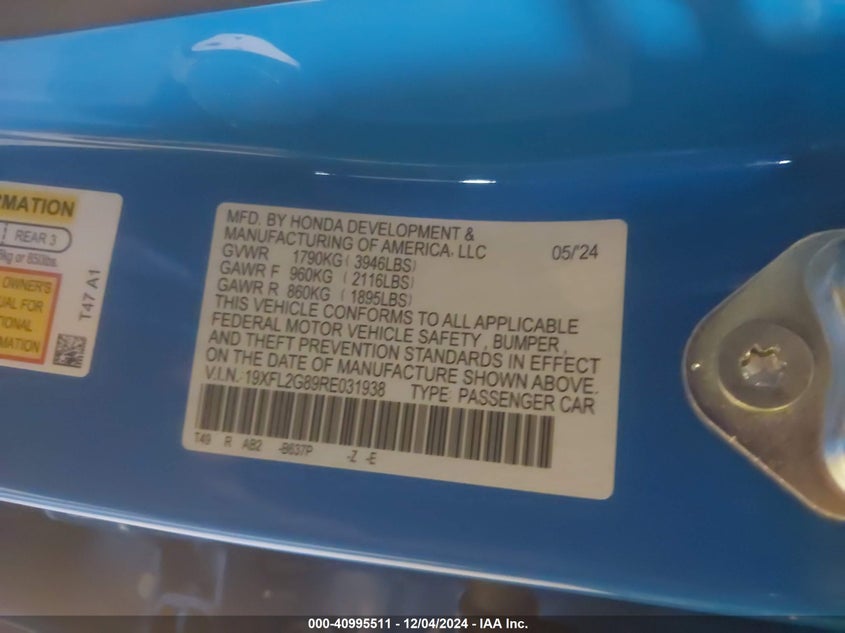 2024 HONDA CIVIC VIN: 19XFL2G89RE031938
