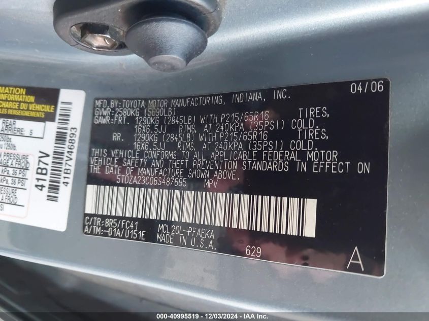 2006 Toyota Sienna Le VIN: 5TDZA23C06S487695 Lot: 40995519