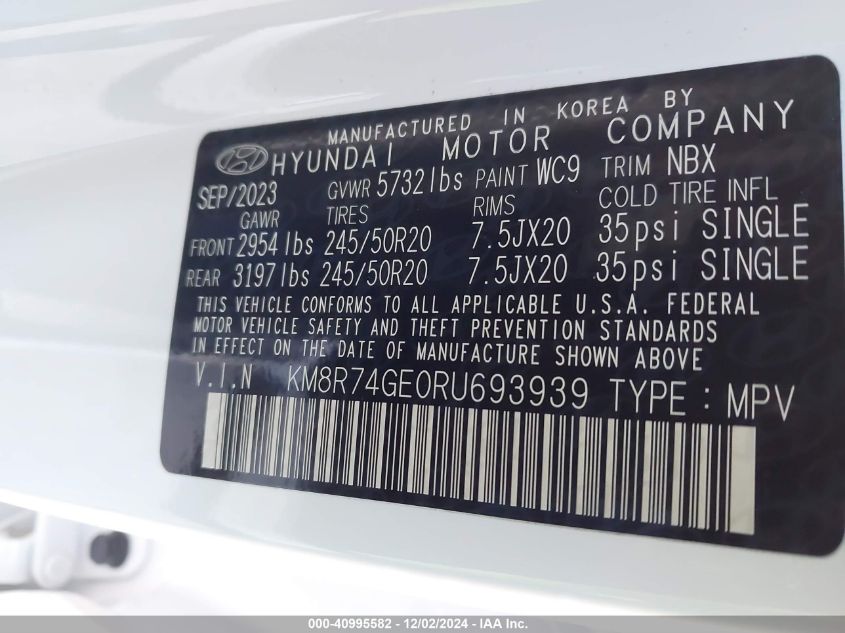 VIN KM8R74GE0RU693939 2024 HYUNDAI PALISADE no.9