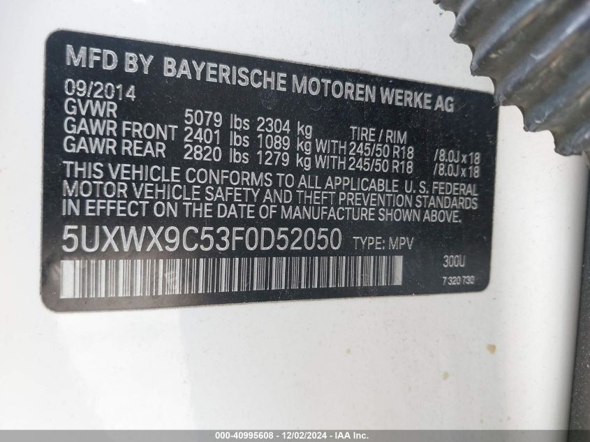 VIN 5UXWX9C53F0D52050 2015 BMW X3 no.9