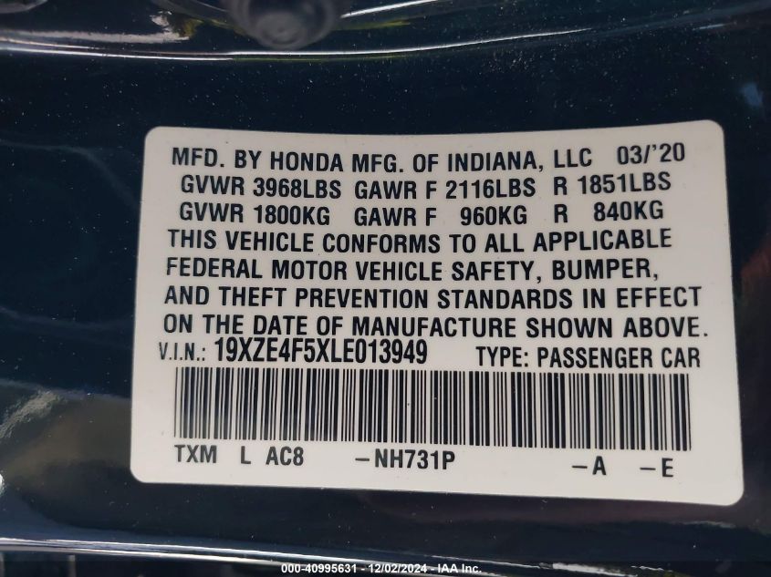 2020 Honda Insight Ex VIN: 19XZE4F5XLE013949 Lot: 40995631