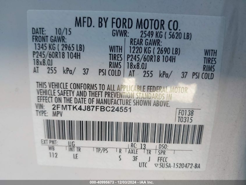 VIN 2FMTK4J87FBC24551 2015 Ford Edge, Sel no.9